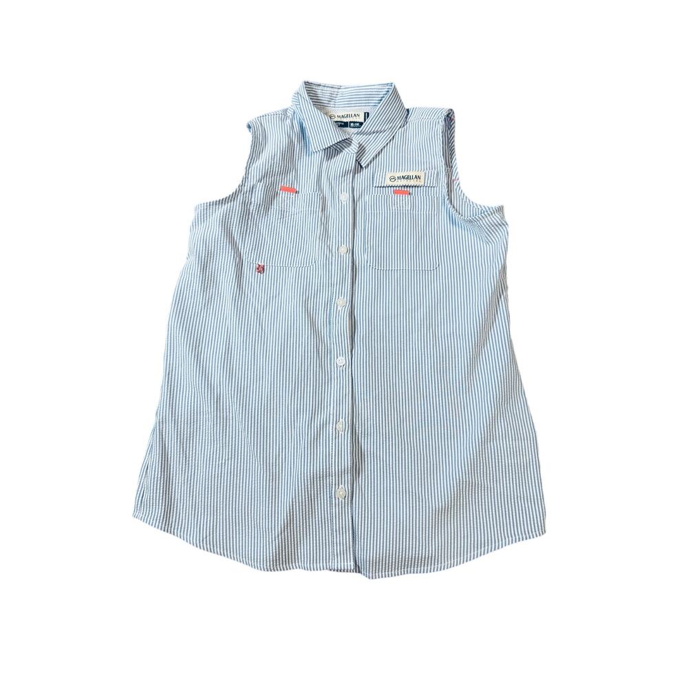 Magellan Girls‎ Blue Seersucker Sleeveless Fishing Blouse Shirt Size XL 16